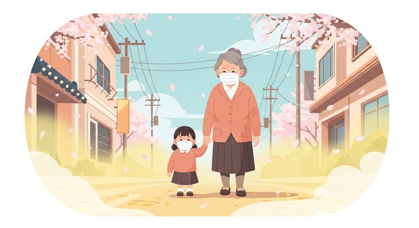 황사 속 마스크를 쓴 아이와 노인