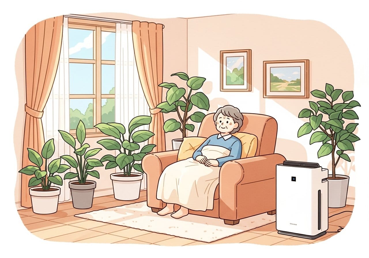 실내에서 공기청정기와 함께 휴식하는 노인