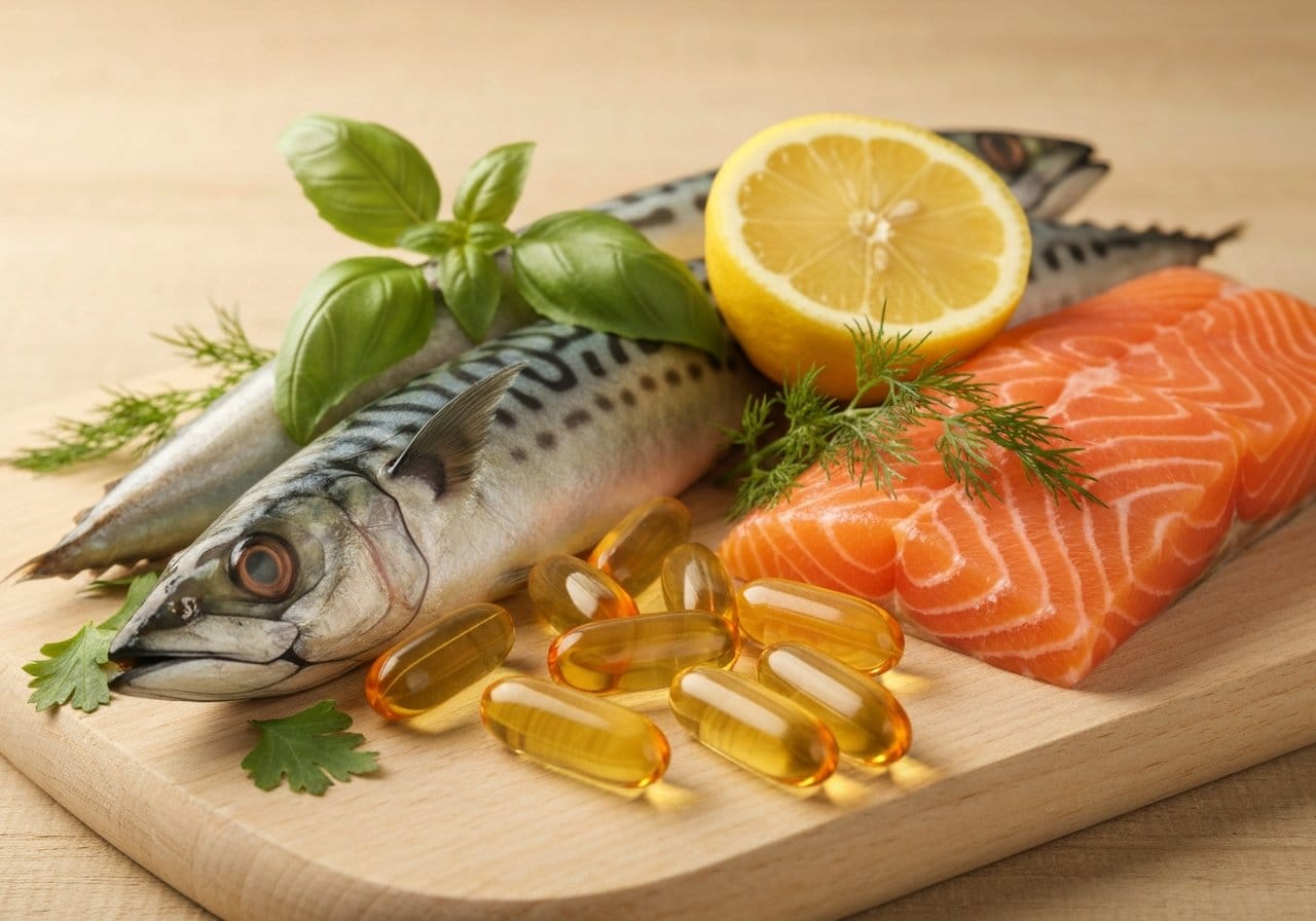 오메가3 캡슐과 등 푸른 생선을 함께 보여주며 혈관 관리 포인트