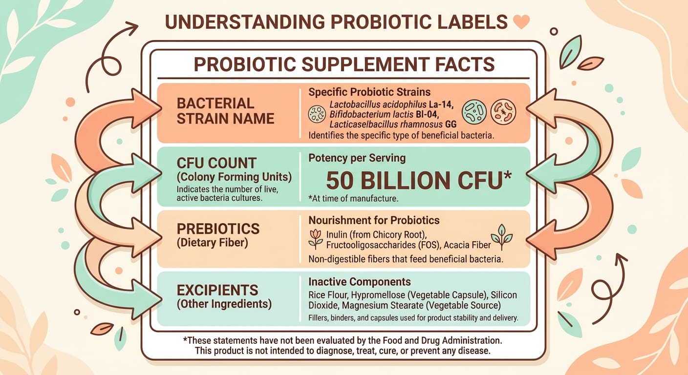 유산균 성분표 구조 보는 법 — 균주명·CFU·프리바이오틱스·부형제 위치