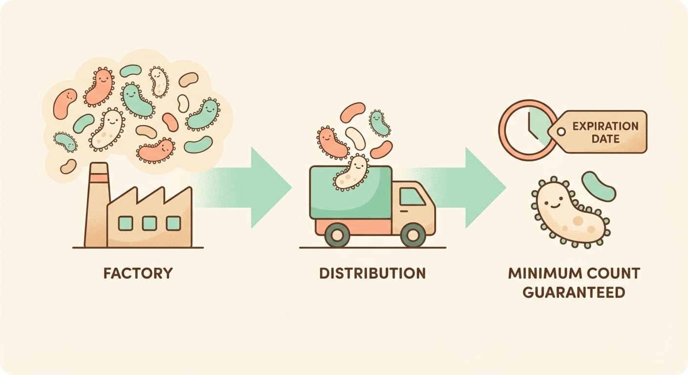 유산균 생균수 vs 보장균수 CFU 차이 — 제조·유통·복용 시점 타임라인