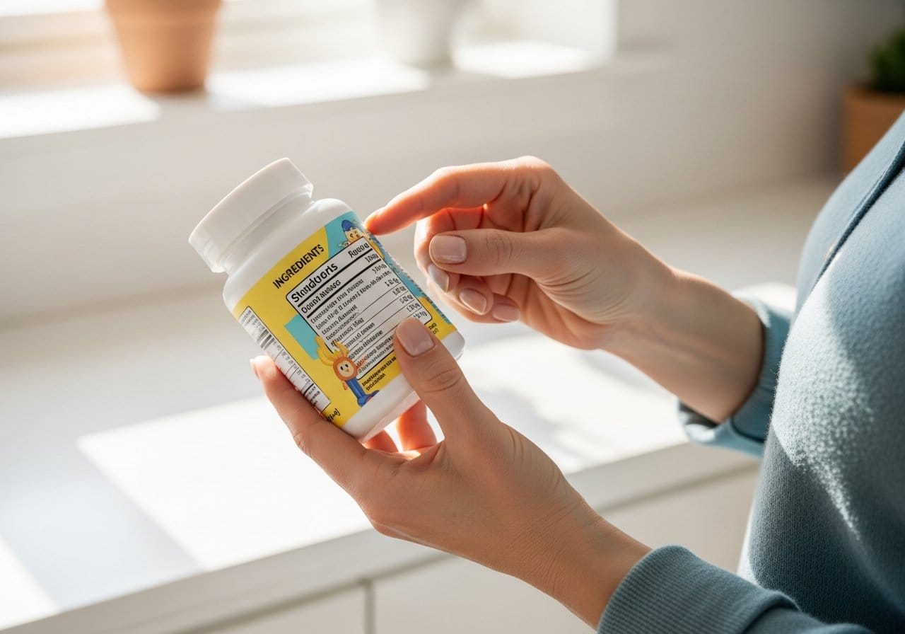 어린이 종합비타민 성분표 확인하는 모습