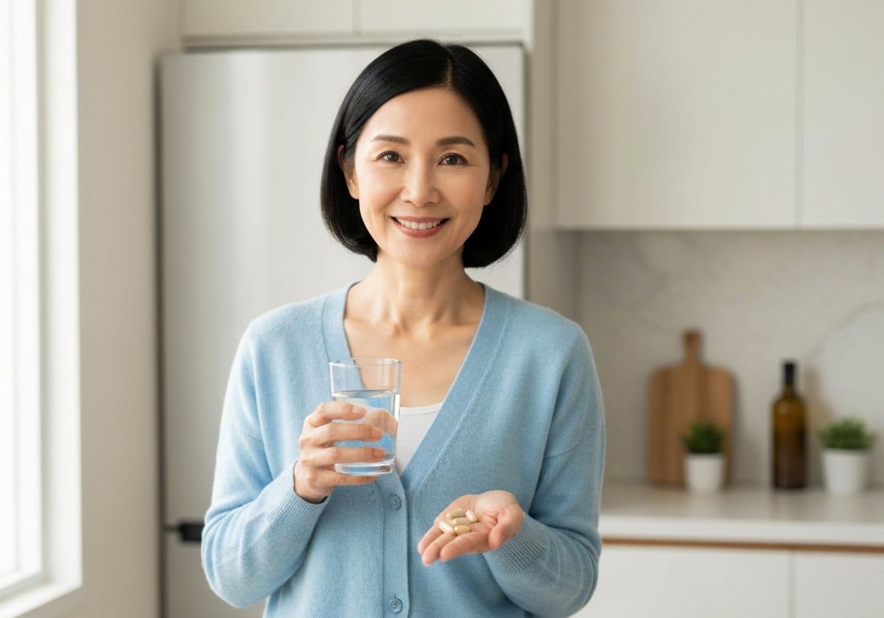 물 한 잔과 영양제를 들고 하루 루틴을 시작하는 50대 여성