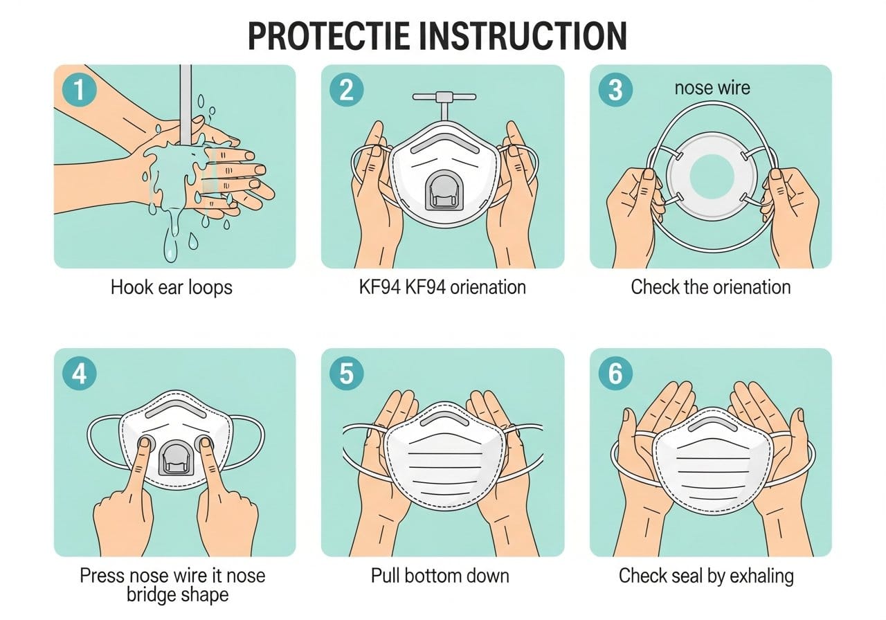손 씻기부터 밀착 확인까지 올바른 KF94 착용 순서를 보여주는 단계
