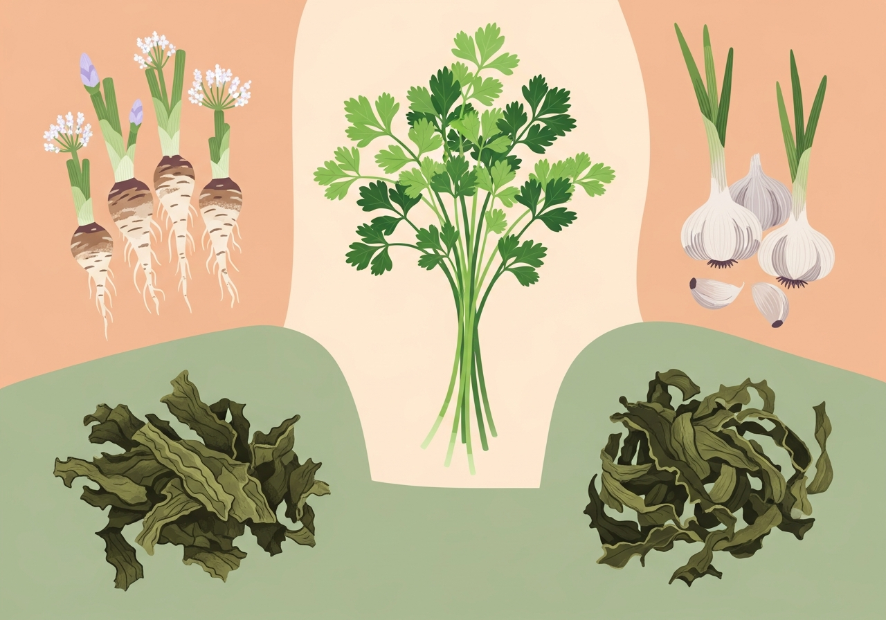 도라지, 미나리, 마늘, 미역, 녹차를 한눈에 보여주는 식품 이미지