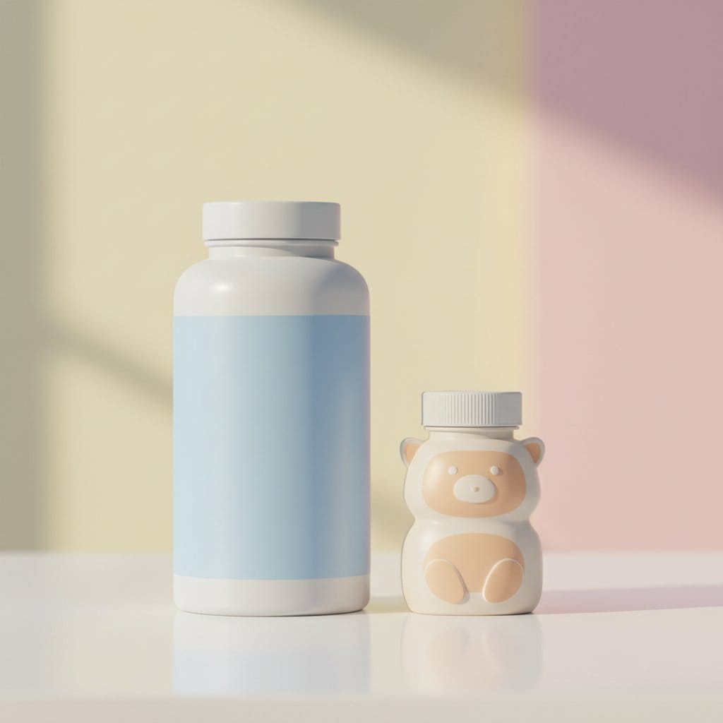 성인용과 어린이용 비타민 - 크기와 용량 차이가 확연해요