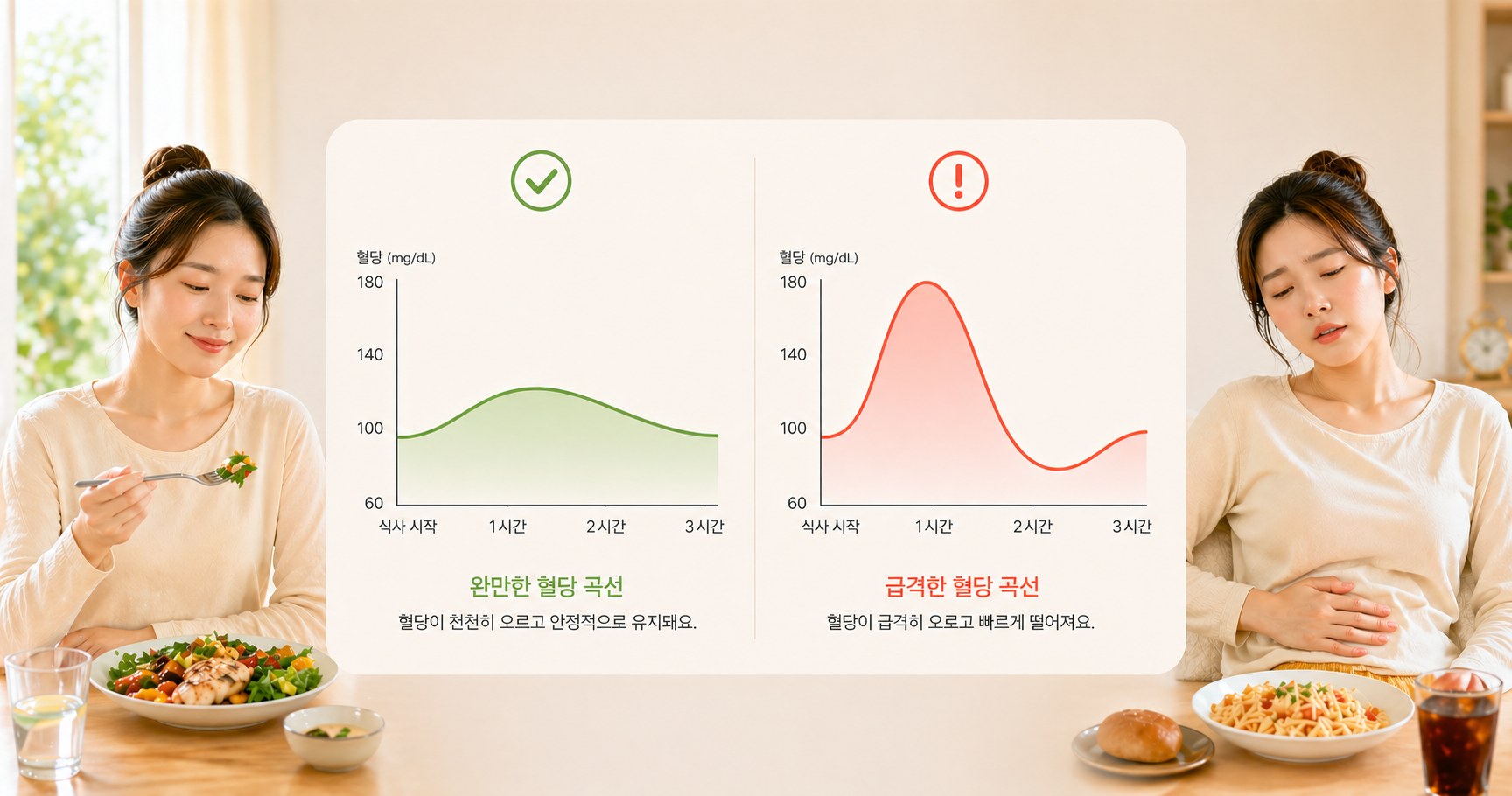 식후 혈당 곡선 완만 vs 급격 비교 그래프