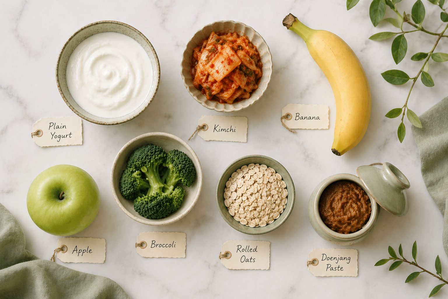 장 건강에 좋은 음식 7가지 — 요거트, 김치, 바나나, 사과, 브로콜리, 귀리, 된장