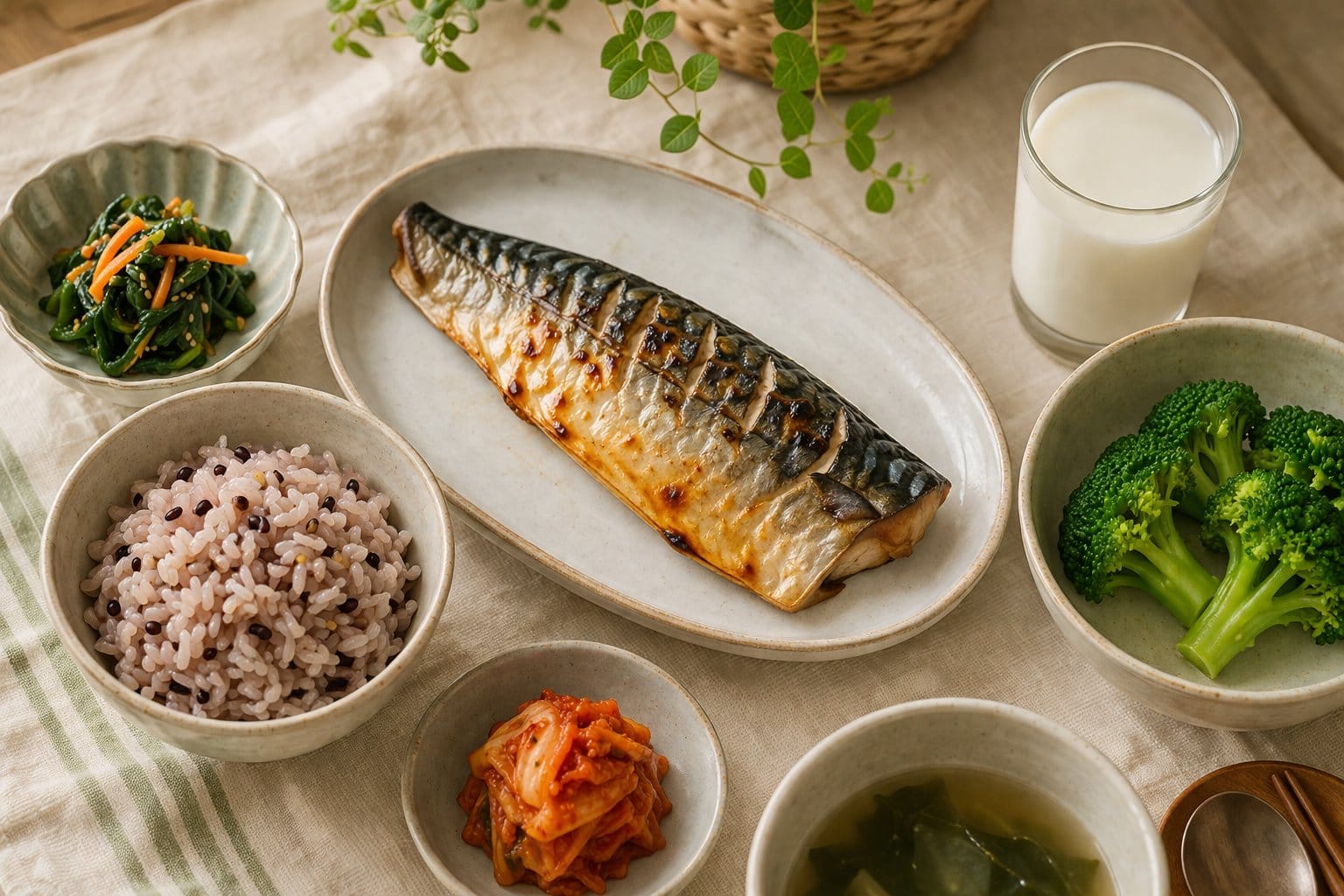 키성장에 좋은 7가지 식재료가 흰 식탁 위에 깔끔하게 배치된 모습