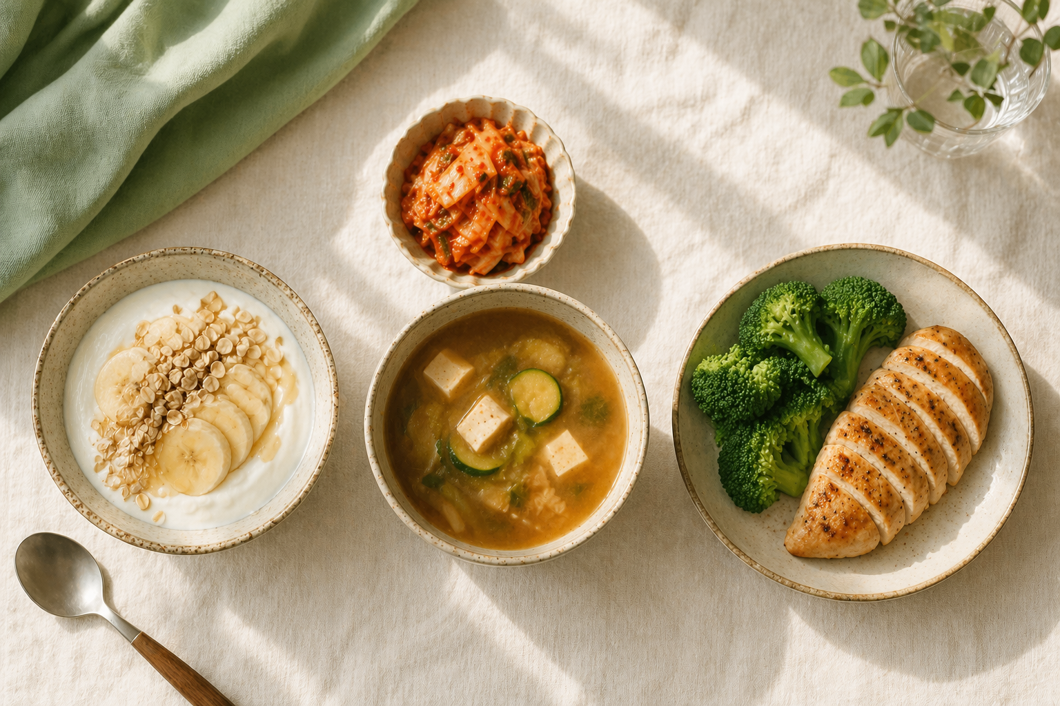장 건강 하루 식단 예시 — 아침 요거트볼·오트밀, 점심 된장국·김치, 저녁 브로콜리 조합