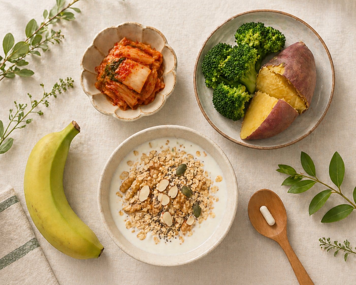 아침·점심·저녁·영양제로 구성한 장 건강 하루 루틴 식단 예시