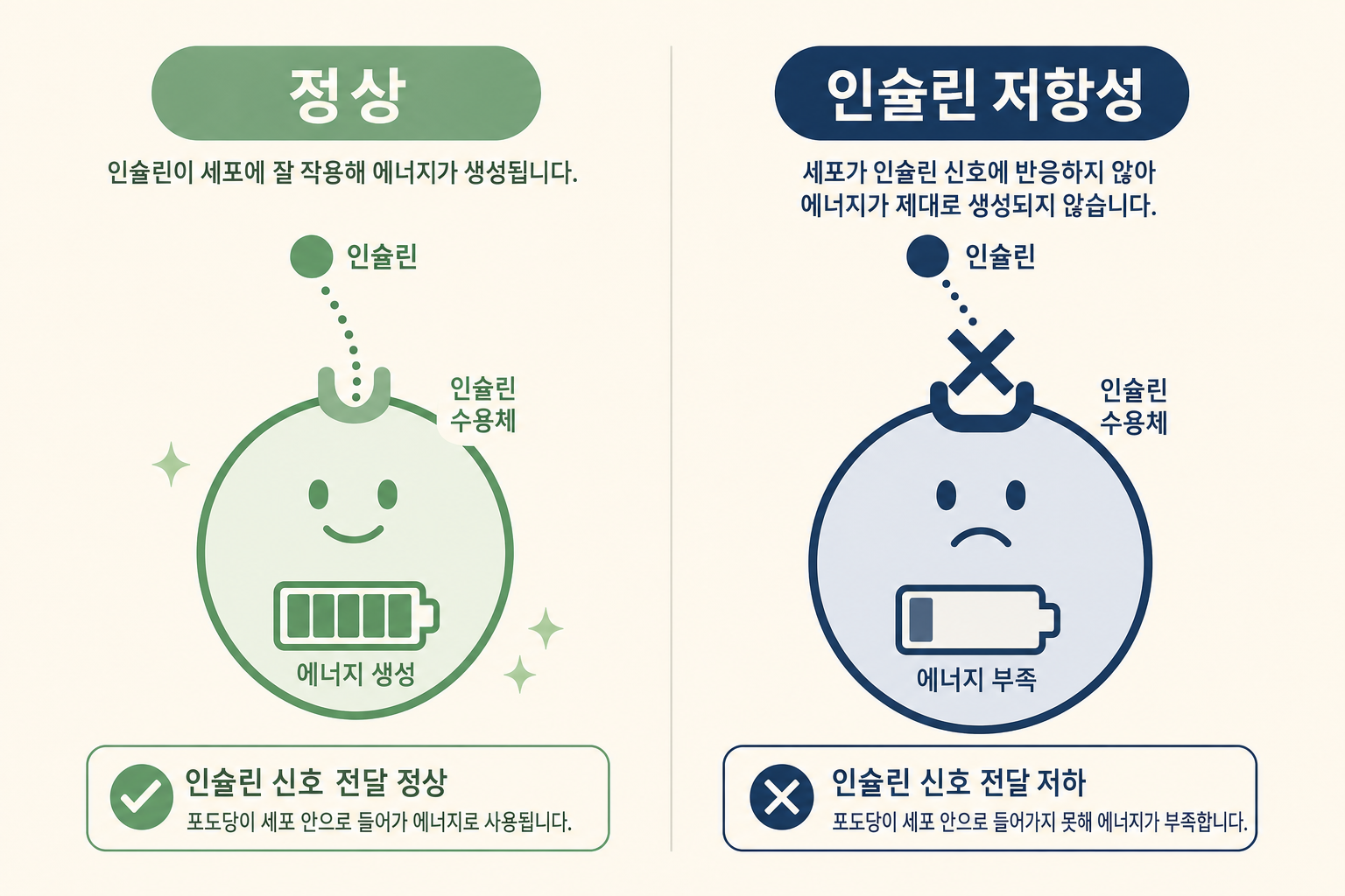 정상 인슐린 vs 인슐린 저항성 비교