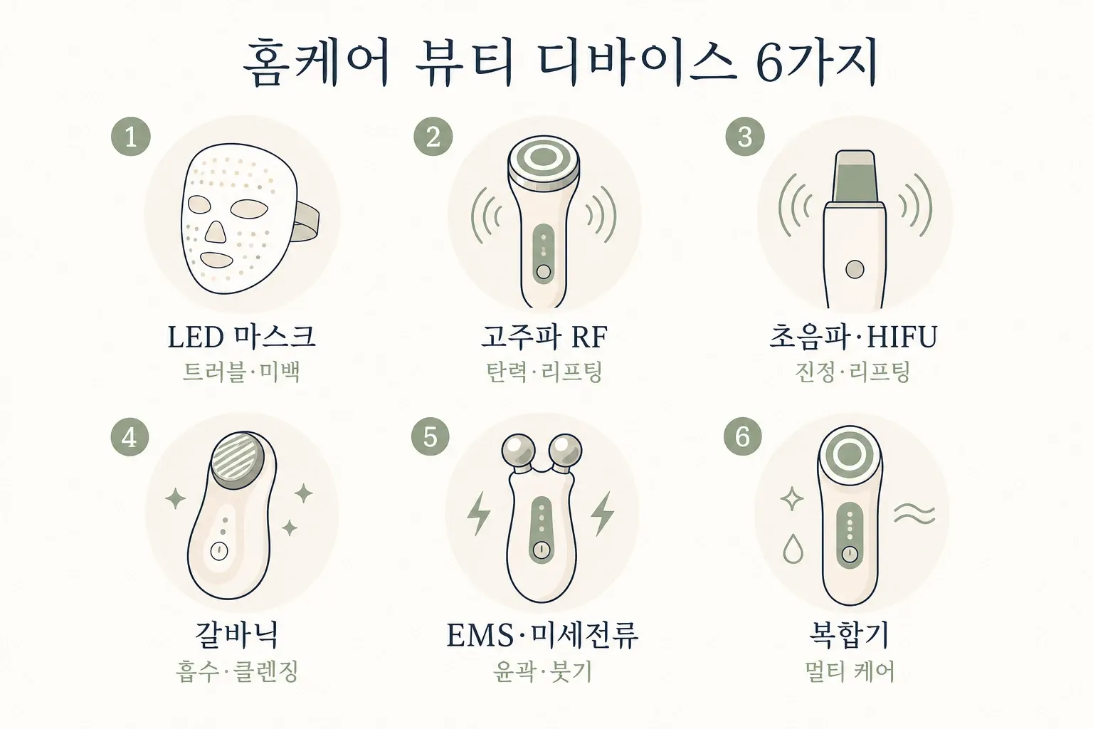 홈케어 뷰티 디바이스 6가지 종류 비교 인포그래픽