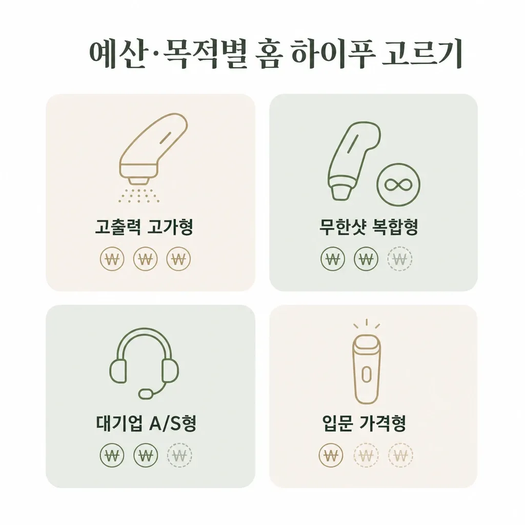 예산·목적별 가정용 하이푸 기기 선택 인포그래픽