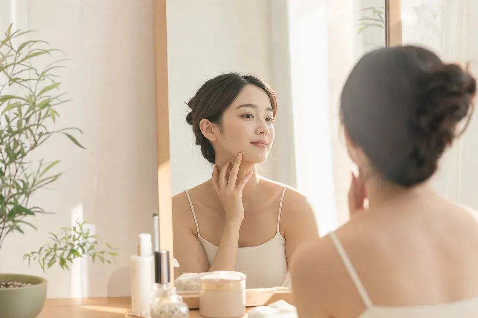 거울 보며 턱선 관리하는 여성