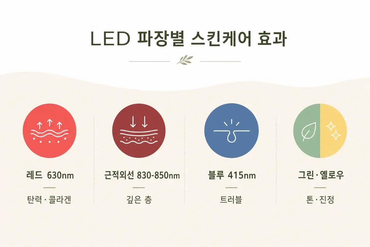 LED 마스크 파장별 목적 인포그래픽