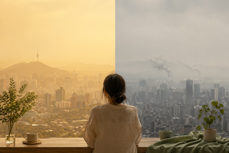 황사와 미세먼지를 한눈에 비교 — 노란 황사 하늘과 회색 미세먼지 하늘