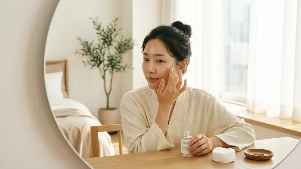 리들샷을 얼굴에 두드려 바르는 여성